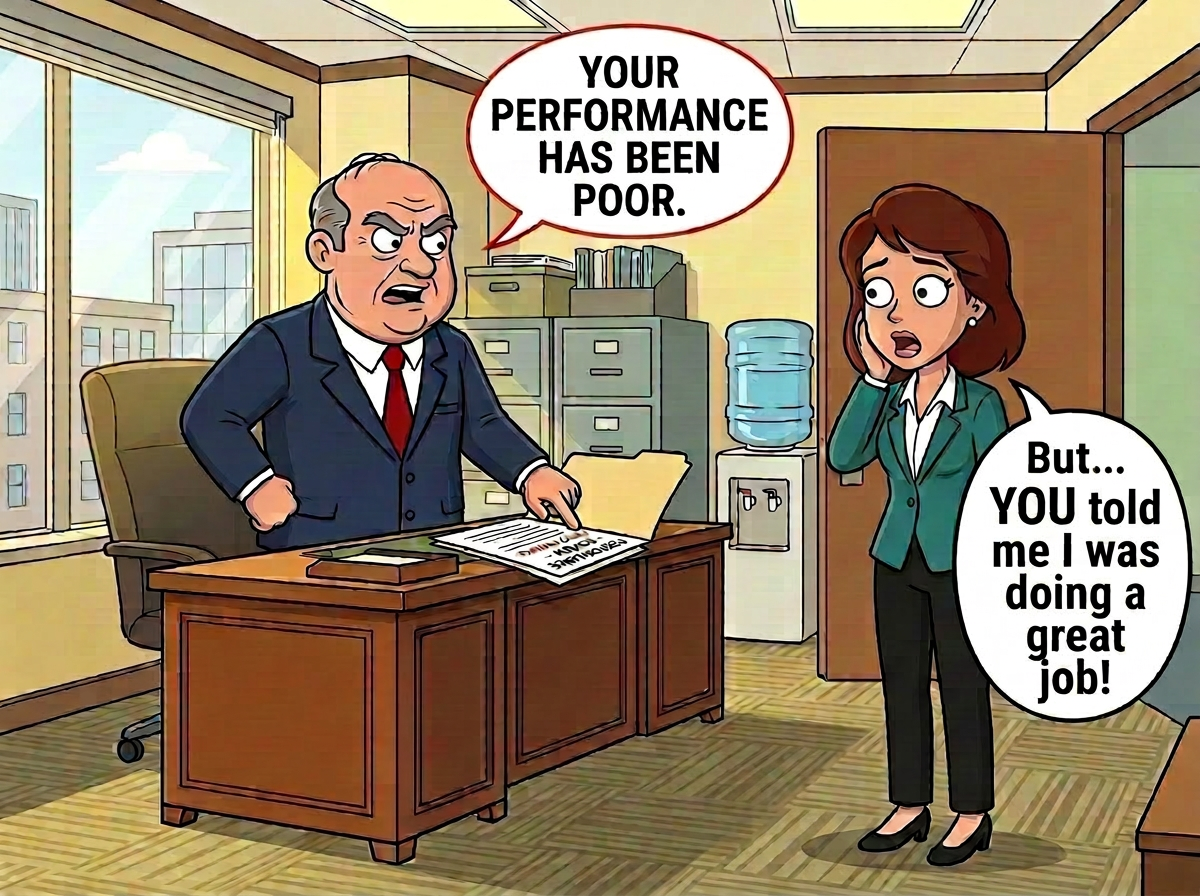 Cartoon of a boss pointing at a poor performance review while the employee says, 'But you told me I was doing a great job!'